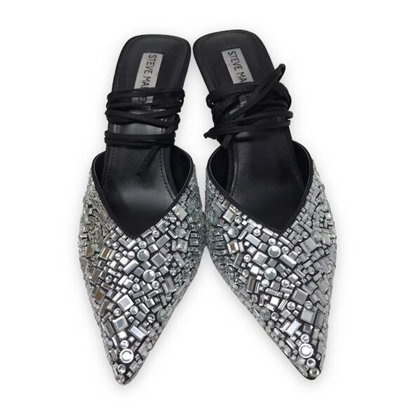 Steve Madden Ravesh Heels 8.5 Rhinestone Crystal Pointed Toe Strappy Ankle Tie - Picture 2 of 10